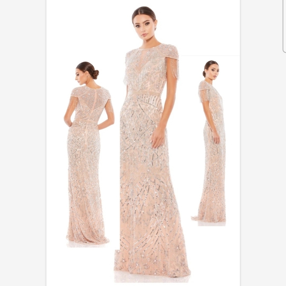 MAC DUGGAL EMBELLISHED FRINGE CAP SLEEVE TRUMPET GOWN PLATINUM PINK 12 NWT